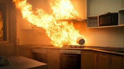 a dramatic image capturing the intensity of a kitchen fire, flames engulfing the stove and cabinets,