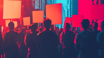 silhouetted figures at a vibrant protest rally, holding blank signs under colorful lights, symbolizi