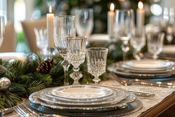 A sophisticated holiday table setting featuring elegant plates, crystal glasses, sterling silverware, tall candles, and tasteful seasonal decor.. AI generated.