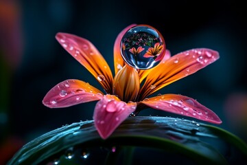 Wall Mural - Macro photo of a raindrop on a petal, reflecting the world in a tiny, crystal-clear bubble of water, full of life and light