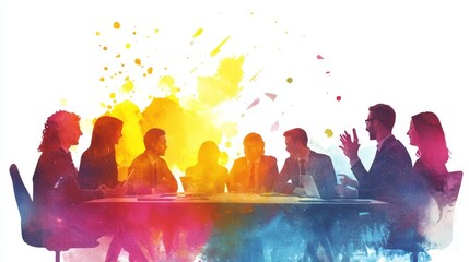 Poster - A group of diverse business professionals are gathered around a table, engaged in a collaborative discussion. Their silhouettes are highlighted against a vibrant watercolor background, symbolizing cre