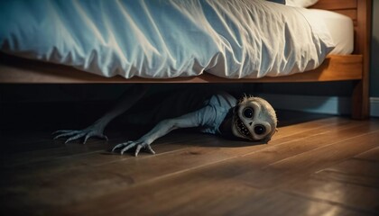 terrifying nightmare creature lurking beneath bed in dimly lit bedroom, capturing essence of fear an