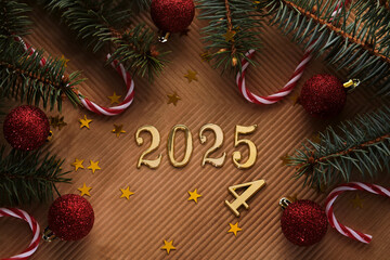Wall Mural - new year 2025 beige background. number of the coming year in christmas decoration.
