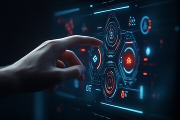 Poster - A hand reaches out to interact with a futuristic digital interface. The screen displays a series of glowing buttons and icons, representing advanced technology and user interaction. The image symboliz
