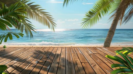 Canvas Print - Wooden planks with beach background, suitable for product display, with palm leaves in front.