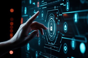 Poster - A hand reaches out to touch a glowing padlock icon on a futuristic digital interface. The image symbolizes security, technology, innovation, control, and the future of digital interaction.