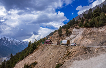 View enroute dangerous landslide prone roads en-route to Zoji la pass at elevation of 3528m in Zanskar himalayas mountain range on Srinagar Leh highway, Jammu and Kashmir, India.