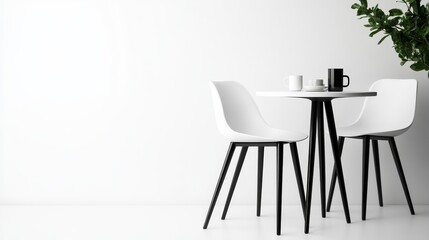 A minimalist design featuring a white round table and two white chairs with black legs, isolated on a clean white background.  The simple, sleek furniture creates a sense of modern elegance and functi