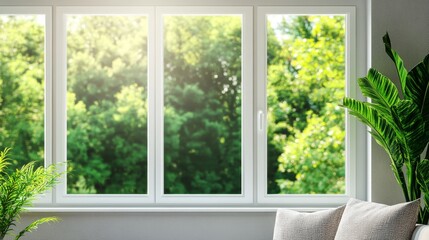 A modern living room featuring a large window with three panes, showcasing a lush green view outside. Sunlight streams through the window, illuminating the room with a warm glow. The window frames are