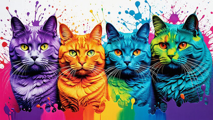 Naklejka na meble A  distinct fat cats arrayed horizontally, each embodying a separate rainbow hue, all against a stark white backdrop, surrounded by dynamic, free paint splatters