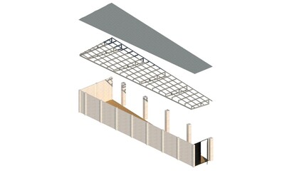 3D axonometric detail illustration of a canopy with a concrete panel wall, using light steel trusses and a grey Spandek roof, for exterior architectural visualization