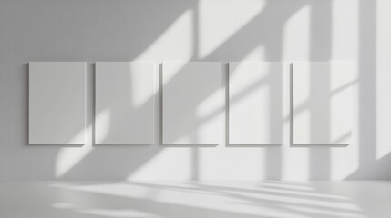 Wall Mural - minimalist gallery with five blank canvases and