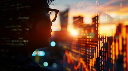Poster - A silhouette of a supply chain analyst, wearing glasses, gazing out at a cityscape at sunset. The analyst is positioned against a backdrop of financial data charts and graphs, representing the complex