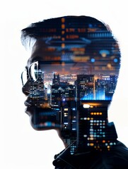 Poster - A silhouette of a business analyst with a double exposure of a cityscape. The cityscape represents the vastness and complexity of the business world, while the analyst symbolizes the focused and strat