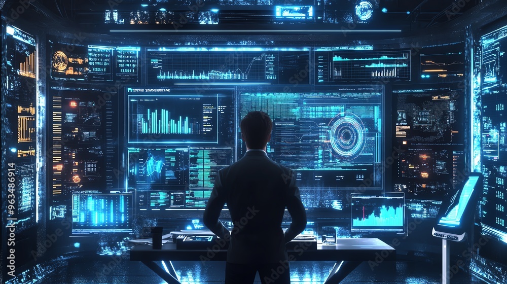 Cyber Control Library Futuristic hi-tech control room with immersive data displays and a ...