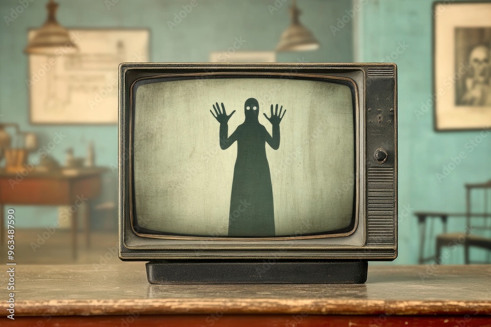 A television screen shows a ghostly figure with its hands raised in the ...