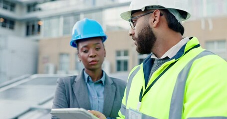Aufkleber - Construction worker, tablet and people with green engineer and teamwork on rooftop for installation. Renewable energy, engineering and urban development with tech, talk and system inspection in city