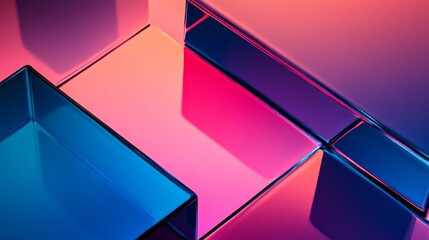 Wall Mural - Brightly colored geometric shapes are arranged in a modern abstract composition, reflecting hues of pink and blue with sharp lines and glossy surfaces