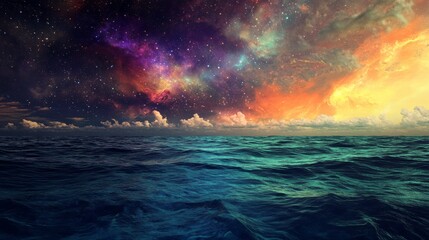 Wall Mural - As the sun sets on the horizon, the tranquil ocean reflects vivid colors while the sky transitions into a stunning cosmic display of stars and clouds