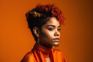 Young beauty stylish African American woman on orange background, portrait of black fashion girl with beautiful makeup and hairstyle