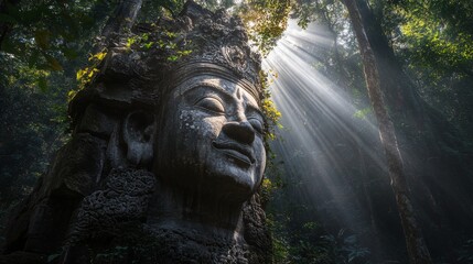 Wall Mural - In a dense jungle, a majestic stone statue is bathed in sunlight filtering through the trees, creating a serene and mystical atmosphere early in the morning