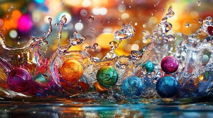 Fototapete - Abstract Water Splash with Colorful Spheres and Bokeh Lights