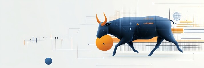 Poster - A stylized blue bull running forward with a large orange sphere, symbolizing growth, momentum, and financial prosperity in a dynamic bull market. The background features abstract lines and shapes, rep