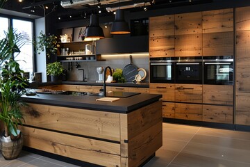 Modern kitchen showing rustic interior design featuring wood and stone