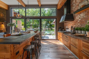 Wall Mural - Modern rustic kitchen opening onto backyard with swimming pool