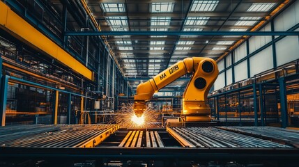 A robotic arm is engaged in a welding task within a well-lit industrial facility, creating sparks as it operates. The setting reflects modern manufacturing practices emphasizing automation