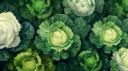 Green heads of cabbage. Vegan or healthy food. Delicious vegetables for the salad. background of green vegetable. Vector illustration.