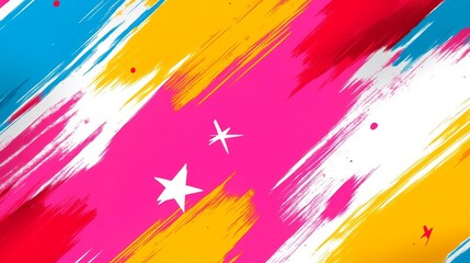 Poster - A vibrant and dynamic seamless pattern with diagonal stripes of bright pink, yellow, blue, and red, with a grunge effect. White stars and splatters add a playful touch to this youthful and energetic d