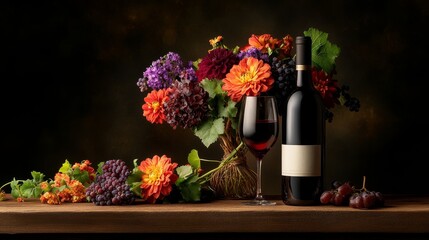 A vibrant still life featuring a bouquet of colorful flowers, a glass of red wine, and a bottle of wine. The flowers, including dahlias and lilacs, symbolize beauty, love, and passion. The wine repres