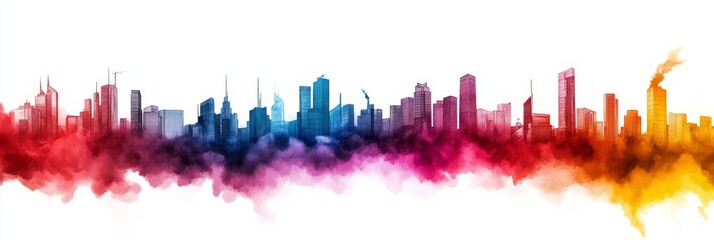 Poster - A vibrant watercolor illustration depicting a futuristic city skyline with towering buildings, symbolizing progress, innovation, urban development, and a sense of wonder.