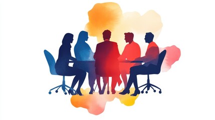 Poster - a watercolor illustration depicting a diverse team of individuals sitting around a table, symbolizin