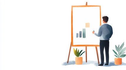 Poster - A watercolor illustration of a businessman standing in front of a whiteboard, presenting data and insights to an audience. He is drawing a graph on the whiteboard, symbolizing progress, growth, and su
