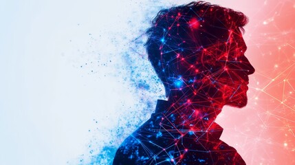 Poster - A watercolor illustration of an IT specialist silhouette with a network of connections in the background, symbolizing the digital world, connectivity, technology, innovation, and the power of knowledg