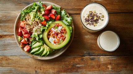 Wall Mural - A vibrant salad featuring mixed greens, sliced strawberries, and ripe avocado is presented on a rustic wooden table, complemented by refreshing smoothies