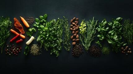 Wall Mural - Assortment of Fresh Herbs, Spices, and Almonds on a Black Surface