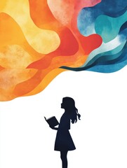 Poster - A young girl stands in silhouette, reading a book, her head tilted upwards as if lost in thought. Above her, a vibrant watercolor background swirls with colors, symbolizing creativity, imagination, an