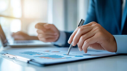 Poster - An investor reviewing a business plan and financial data, analyzing charts and graphs with a pen, representing financial analysis, business planning, and investment strategy.