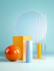 Poster - This 3D  features a vibrant orange sphere, yellow and blue cylinders, and a metallic frame against a soft blue background. It showcases geometric shapes in a minimalist setting, symbolizing modern des
