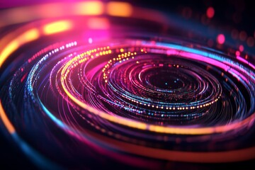 Aufkleber - This abstract digital background features concentric circles of light in vibrant hues of pink, blue, and orange. The swirling patterns create a sense of movement and energy, representing concepts like