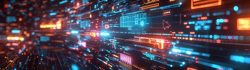 Futuristic digital data stream with vibrant colors and dynamic motion, representing technology and information flow in cyberspace.