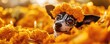 © DigitalArt - A cheerful dog adorned with a flower crown surrounded by vibrant orange marigolds, capturing a joyful and festive atmosphere.