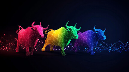 Poster - Three polygonal bulls, each in a different color, symbolize growth, strength, and progress in the market. They are charging forward, representing the upward trend of the market. The polygonal style ad