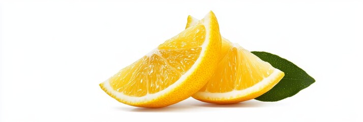 Two juicy lemon slices, freshly cut, with a green leaf, isolated on a white background, symbolizing freshness, zest, citrus, summer, and vitality.