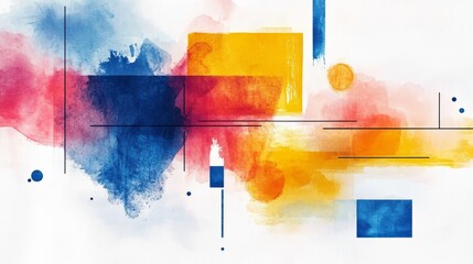 Poster - Vibrant watercolor illustration depicting abstract shapes and lines, symbolizing innovation, growth, collaboration, connection, and creativity.