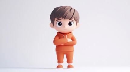 Sticker - A stylized cartoon boy in an orange outfit, standing with arms crossed, looking thoughtful.