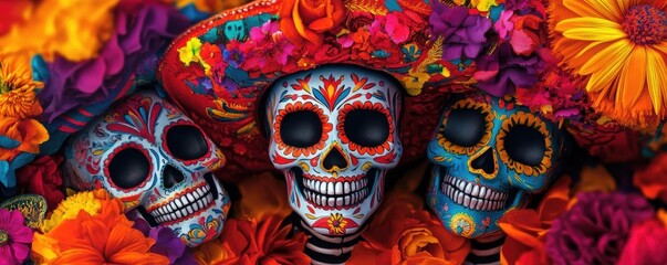 Vibrant skull decorations surrounded by colorful flowers, celebrating Day of the Dead with intricate designs and rich cultural significance.